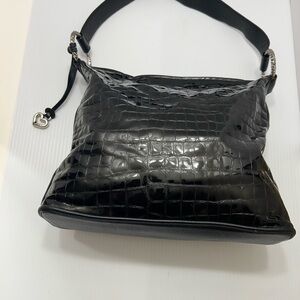 Brighton Black Croc-Embossed Shoulder Bag with Glossy Finish